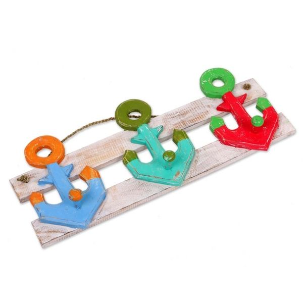 Alternate image for Artisan Crafted Nautical Theme Wooden Coat Rack from Bali Three Anchors