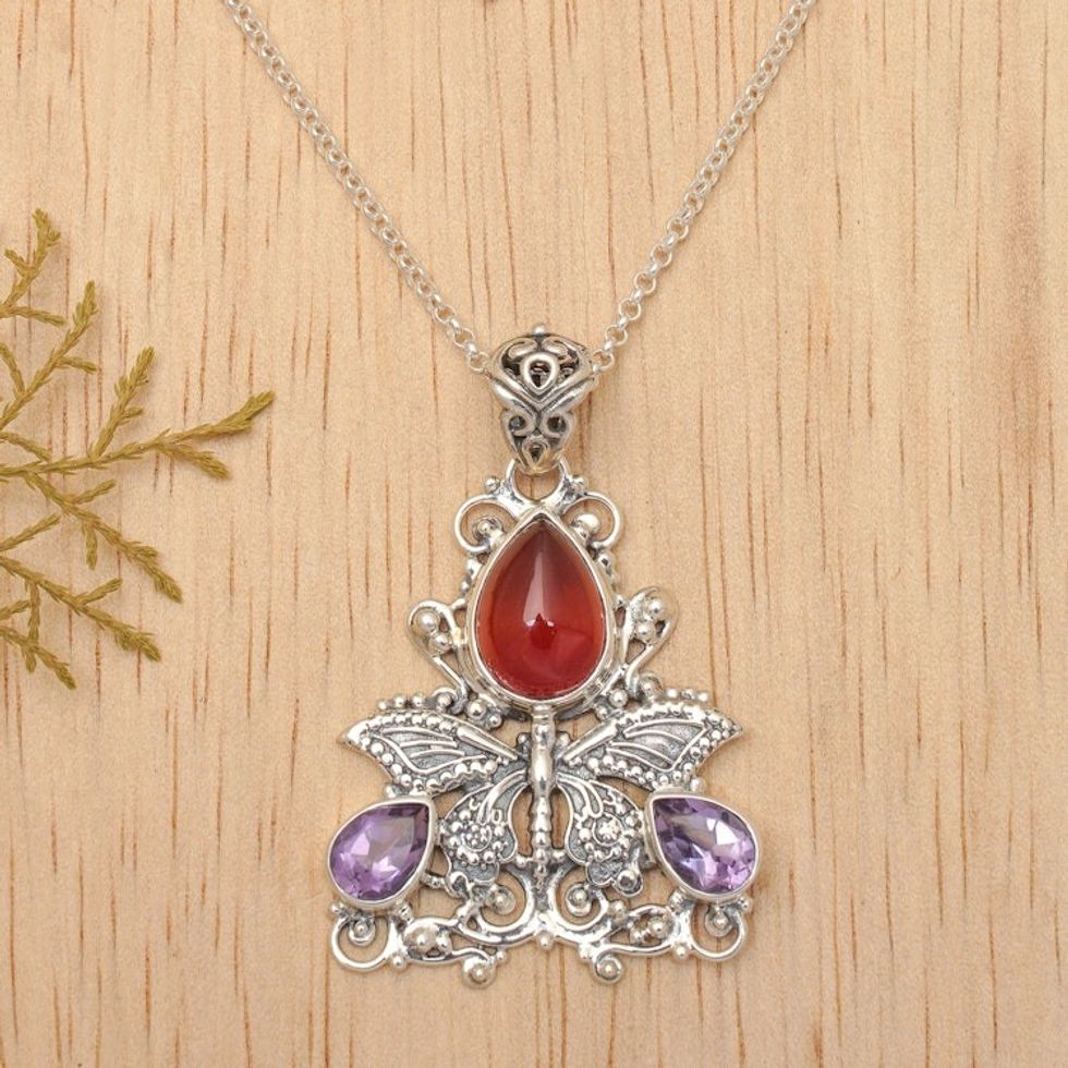 Carnelian and Amethyst Butterfly Necklace 'Lady Butterfly'