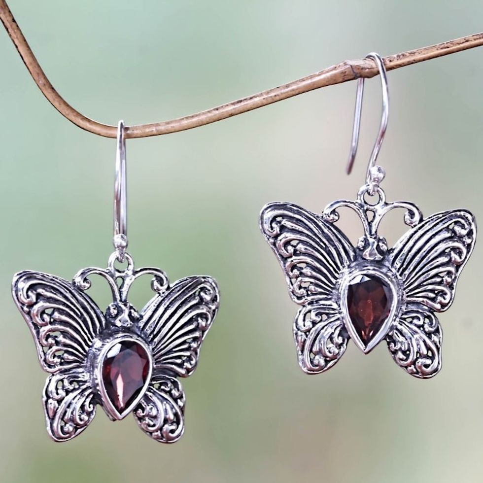 Handcrafted Sterling Silver and Garnet Butterfly Earrings 'Enchanted Butterfly'