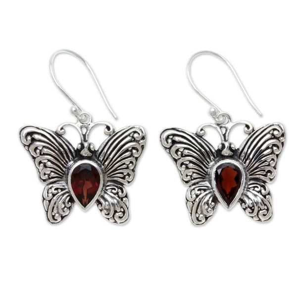Alternate image for Handcrafted Sterling Silver and Garnet Butterfly Earrings Enchanted Butterfly