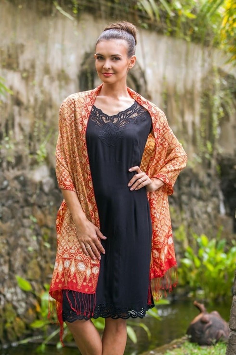 Red and Gold Metallic Hand Stamped Batik Silk Shawl 'Ceplok Beteng'