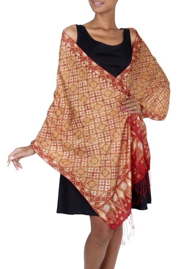 Alternate image for Red and Gold Metallic Hand Stamped Batik Silk Shawl Ceplok Beteng