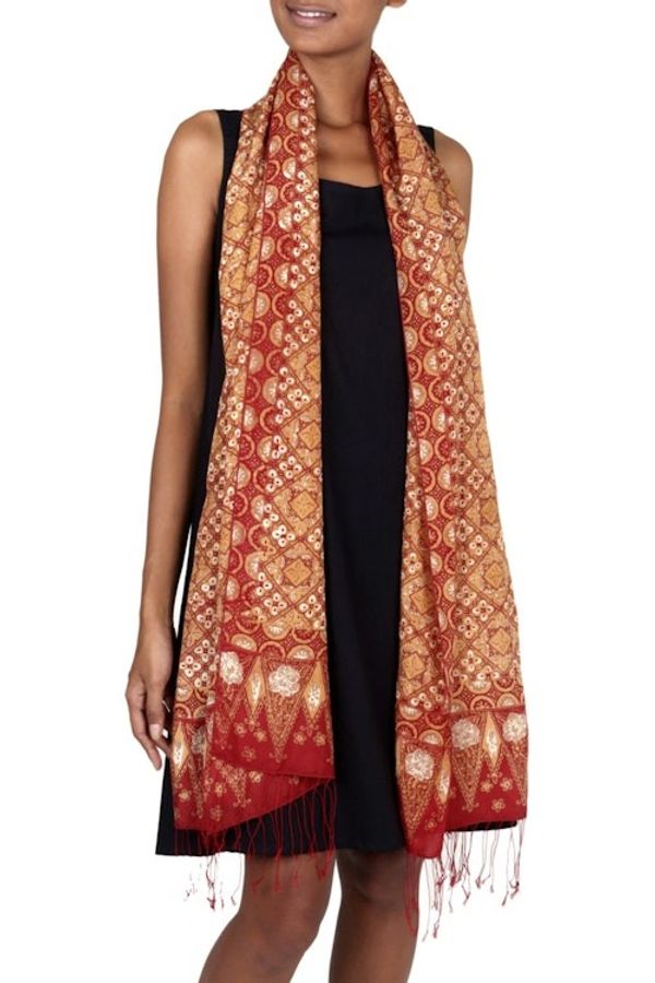Alternate image for Red and Gold Metallic Hand Stamped Batik Silk Shawl Ceplok Beteng