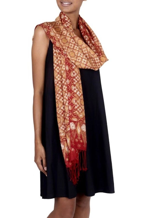 Alternate image for Red and Gold Metallic Hand Stamped Batik Silk Shawl Ceplok Beteng