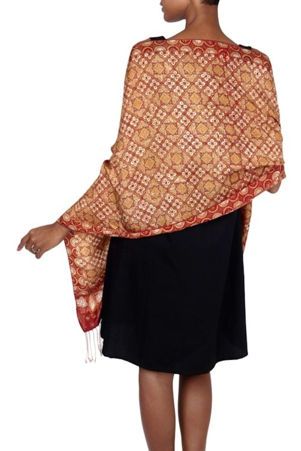 Alternate image for Red and Gold Metallic Hand Stamped Batik Silk Shawl Ceplok Beteng