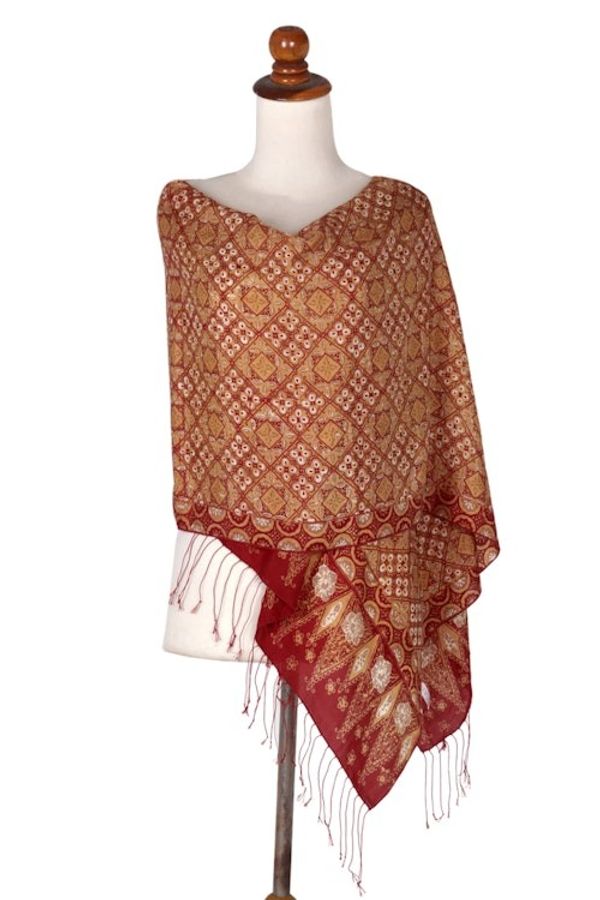 Alternate image for Red and Gold Metallic Hand Stamped Batik Silk Shawl Ceplok Beteng
