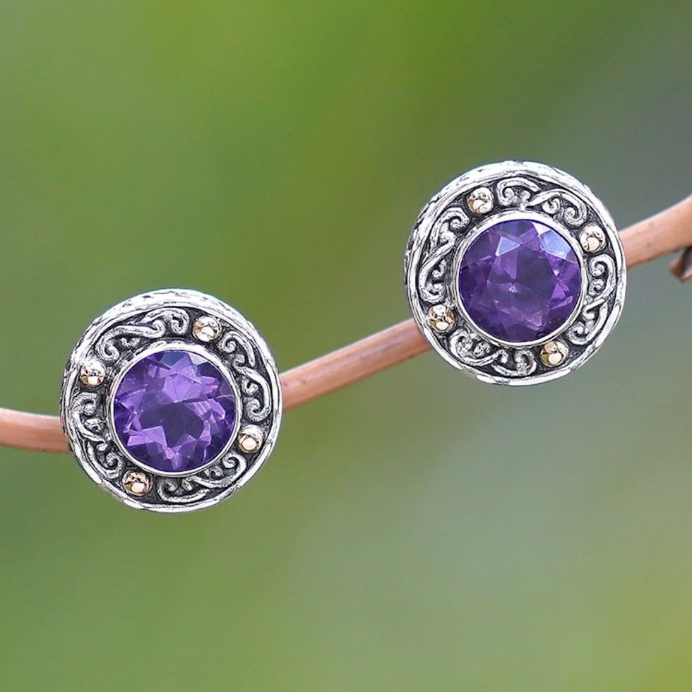 Gold-Accented Sterling Silver Earrings with Amethysts 'Deep Purple Glow'