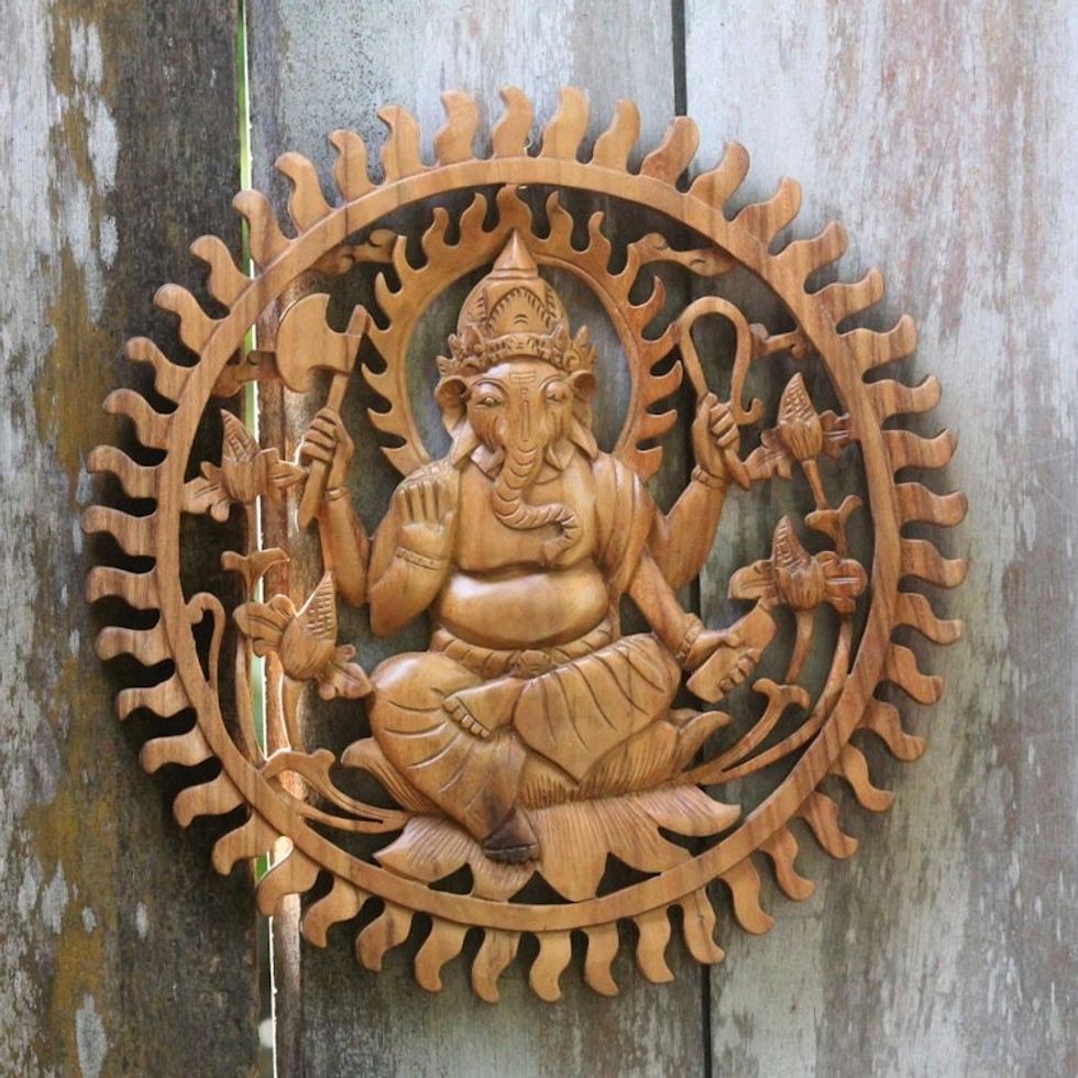 Balinese Artisan Carved Ganesha Wood Relief Panel 'Ganesha Aura'