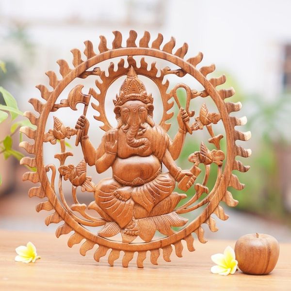 Alternate image for Balinese Artisan Carved Ganesha Wood Relief Panel Ganesha Aura