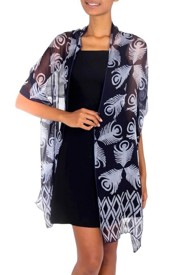 Alternate image for Blue Batik Patterned Shawl Indigo Feather
