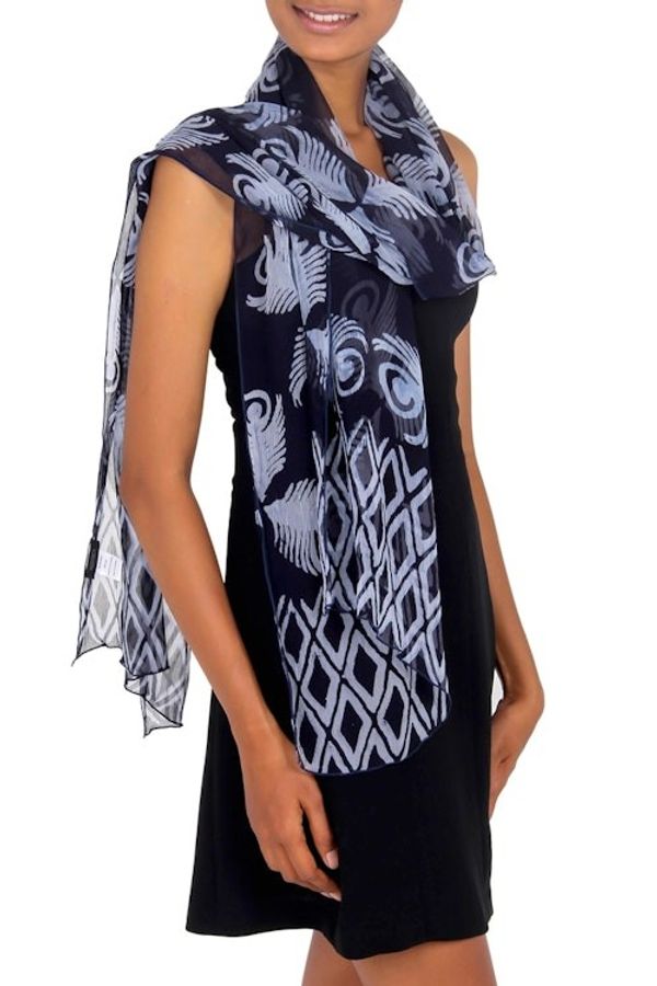 Alternate image for Blue Batik Patterned Shawl Indigo Feather