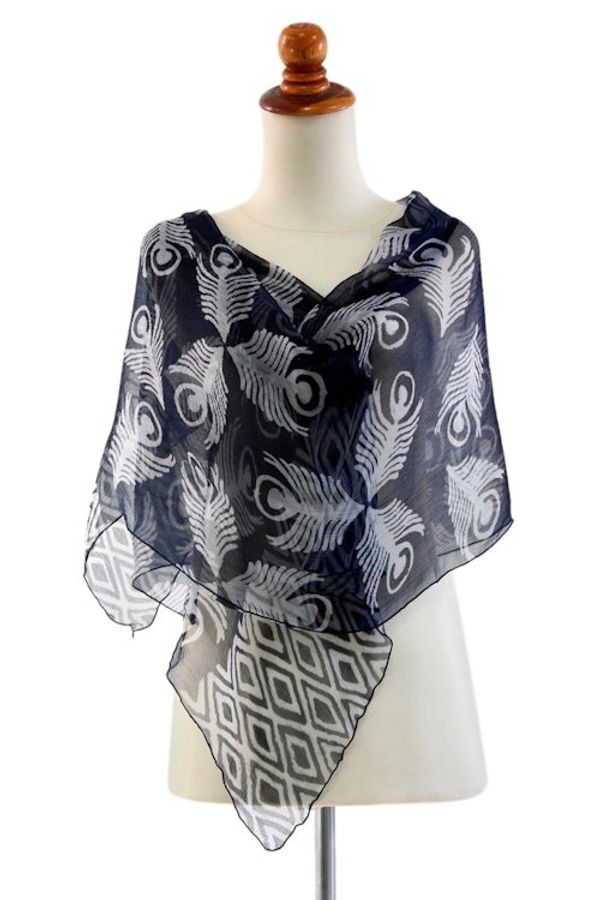 Alternate image for Blue Batik Patterned Shawl Indigo Feather