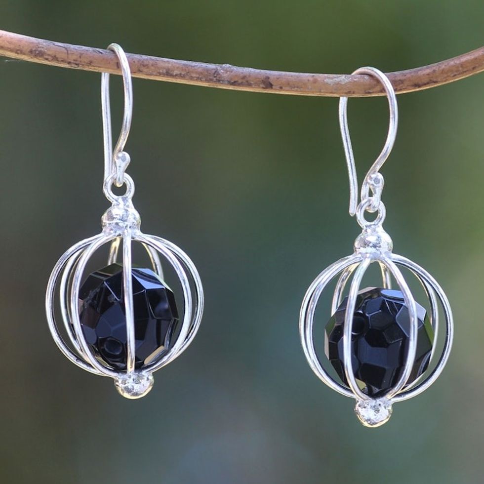 Handcrafted Silver Balinese Earrings with Black Onyx 'Silver Lantern'