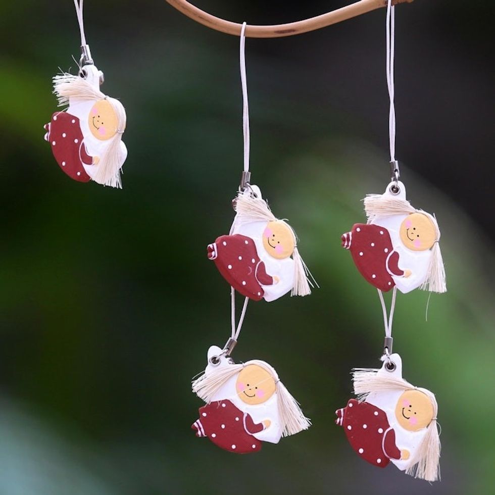 Set of 5 Fair Trade Handmade Wood Angel Ornaments 'Little Red Angels'