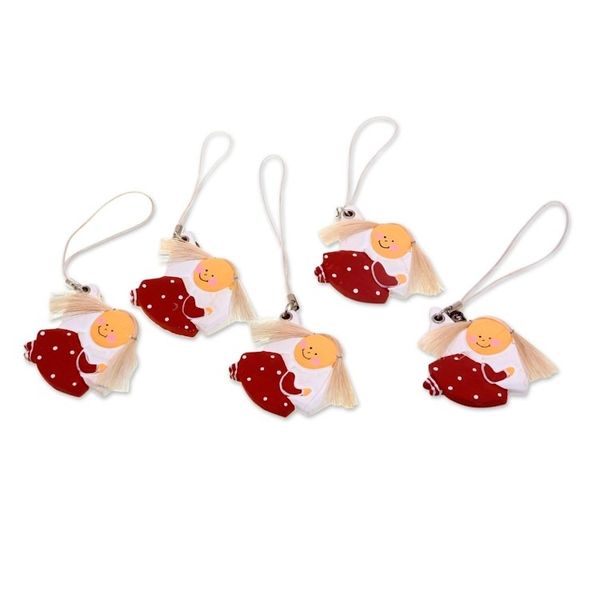 Alternate image for Set of 5 Fair Trade Handmade Wood Angel Ornaments Little Red Angels