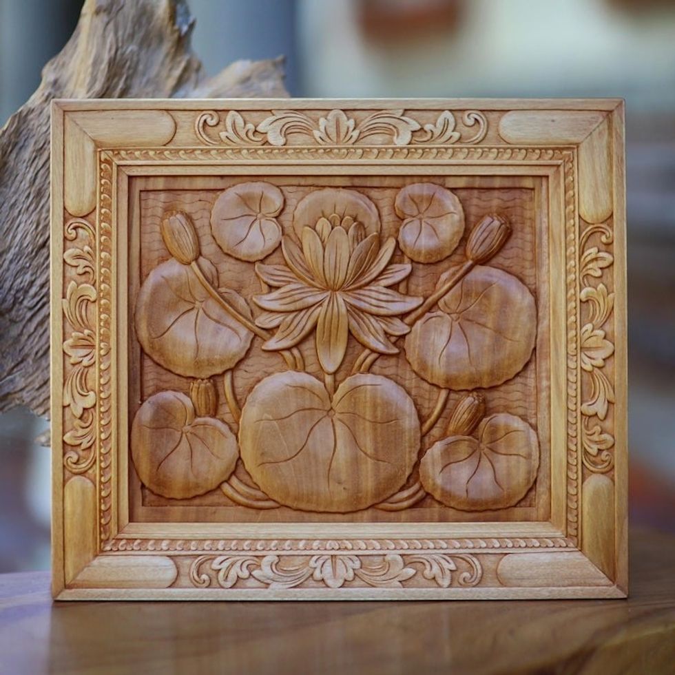Wood relief panel 'Lotus Blossom'