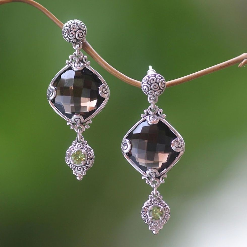 Sterling Silver Earrings with Smoky Quartz and Peridot 'Barabay Kites'