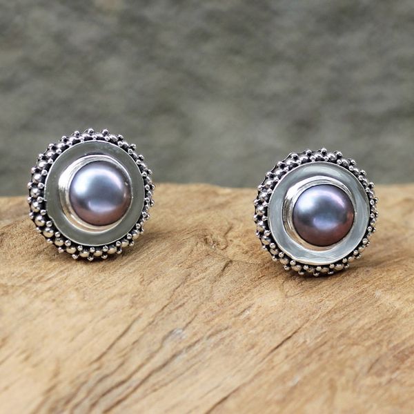 Alternate image for Sterling Silver and Pearl Button Earrings Lilac Moonlight Halo