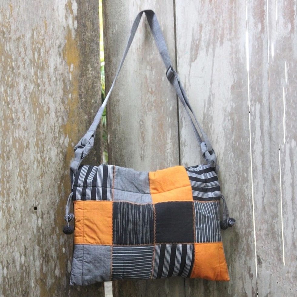 Black Grey Yellow Patchwork Hand Woven Cotton Shoulder Bag 'Legendary Grey'