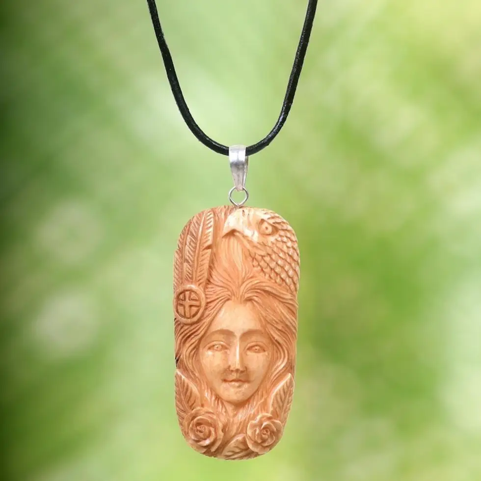 Carved Bone Pendant Necklace with Eagle Made in Indonesia 'Lady of the Woods'