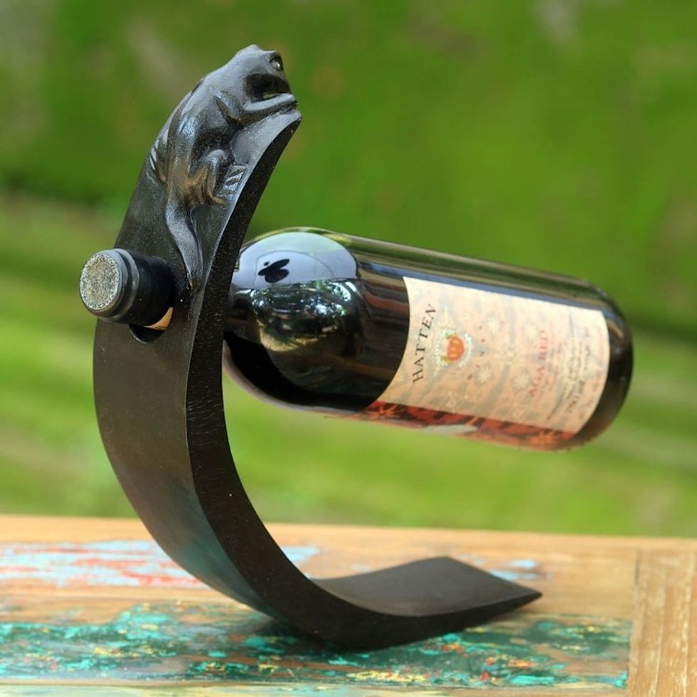 Hand Crafted Wood Bottle Holder with Lizard from Indonesia 'Black Lizard'