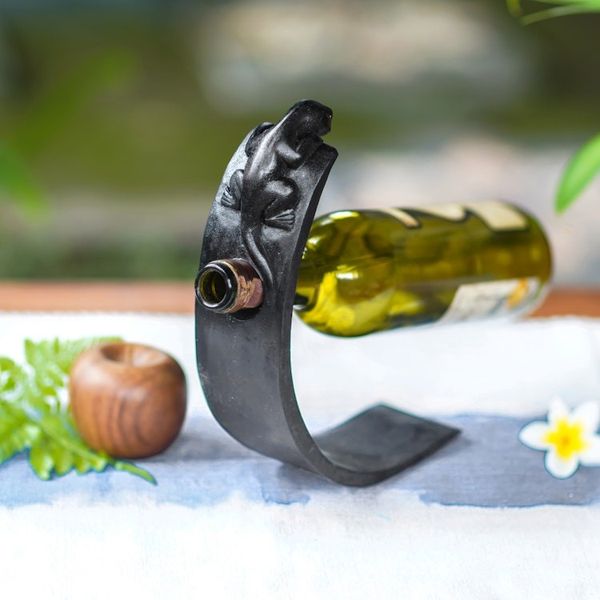Alternate image for Hand Crafted Wood Bottle Holder with Lizard from Indonesia Black Lizard