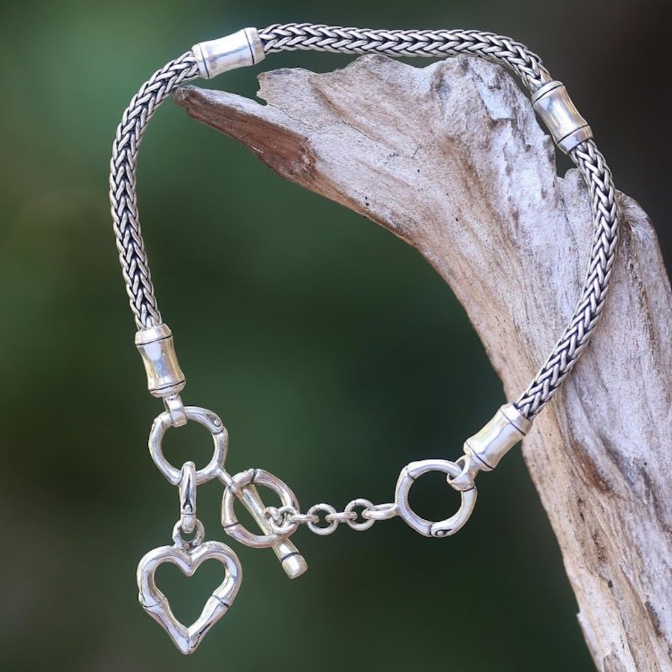 Balinese Bamboo Motif Sterling Silver Heart Charm Bracelet 'Bamboo Heart'