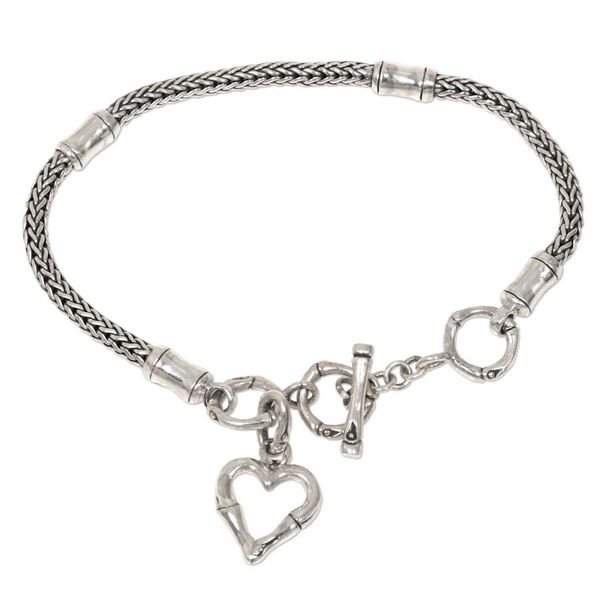 Alternate image for Balinese Bamboo Motif Sterling Silver Heart Charm Bracelet Bamboo Heart