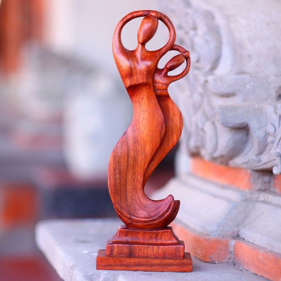 Artisan Hand Carved Wood Statuette of Bali Dancers 'Dancers' Poem'
