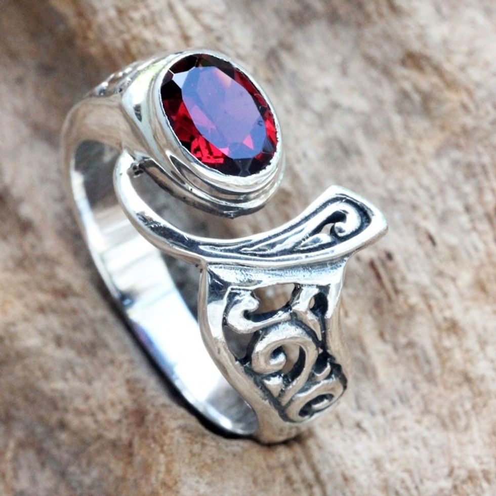Ornate Asymmetrical Garnet and Sterling Silver Ring 'Jimbaran'