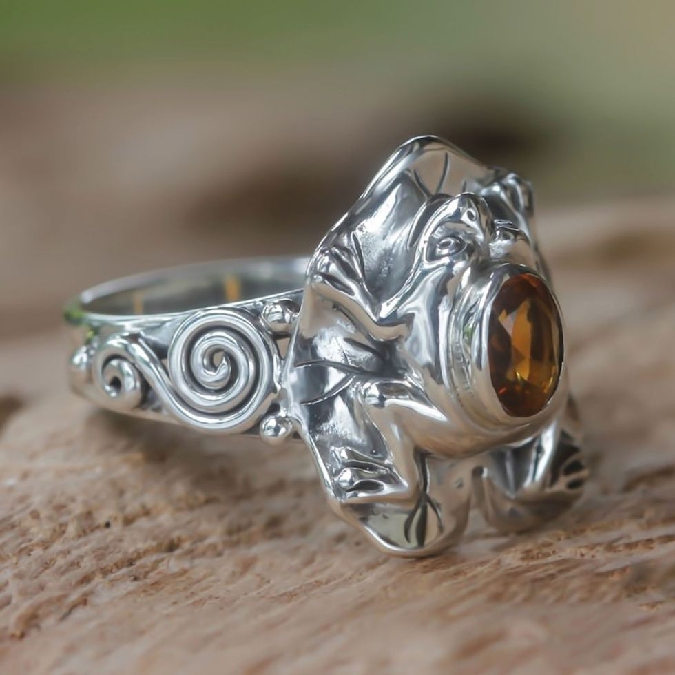 Citrine and Silver Frog Cocktail Ring 'Golden Rainforest Frog'