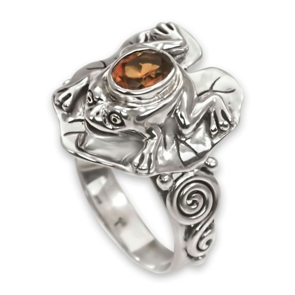 Alternate image for Citrine and Silver Frog Cocktail Ring Golden Rainforest Frog