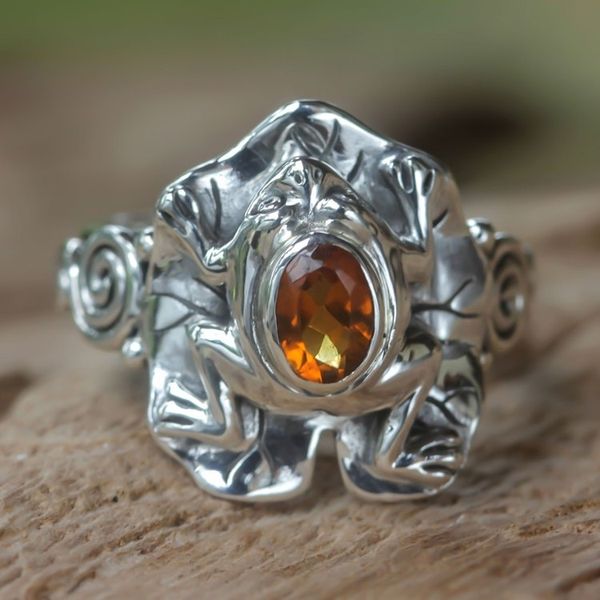 Alternate image for Citrine and Silver Frog Cocktail Ring Golden Rainforest Frog