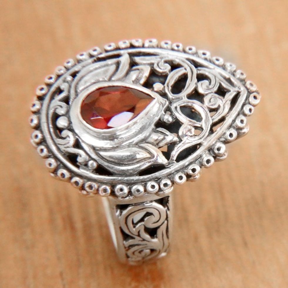 Pear Shaped Sterling Silver Cocktail Ring with Garnet 'Lotus Spirit'