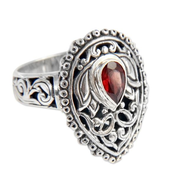 Alternate image for Pear Shaped Sterling Silver Cocktail Ring with Garnet Lotus Spirit