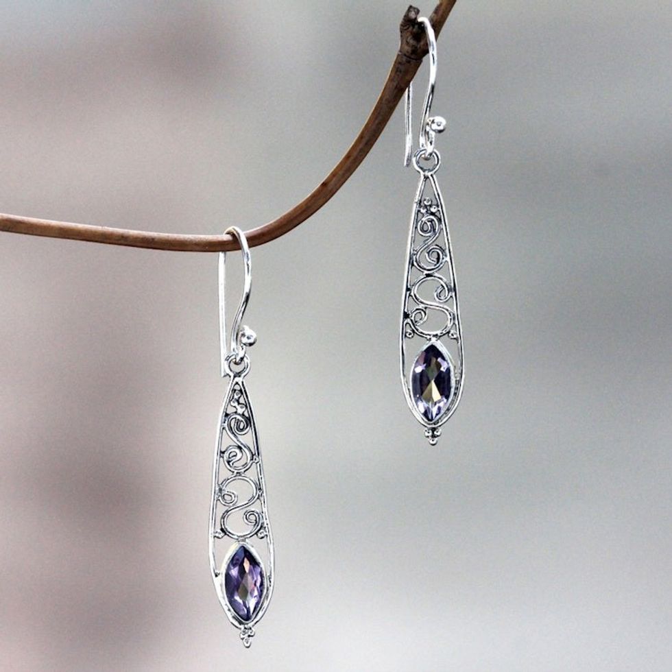 Artisan Crafted Amethyst and Silver Dangle Earrings 'Jasmine Dew'