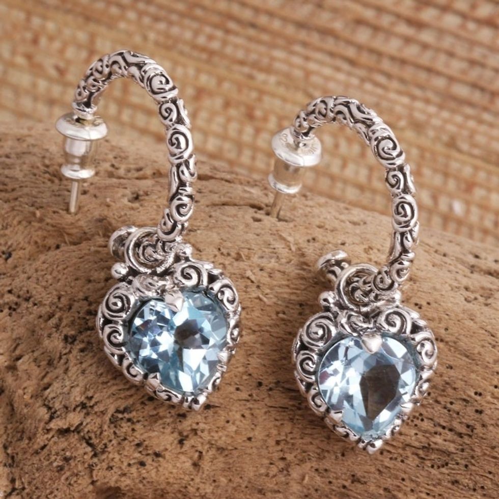 Blue Topaz Hearts in Sterling Silver Half Hoop Earrings 'Love Sparkles'