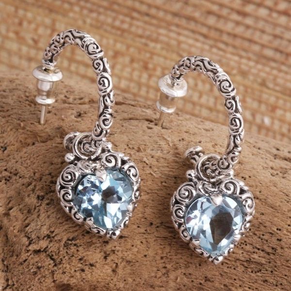 Alternate image for Blue Topaz Hearts in Sterling Silver Half Hoop Earrings Love Sparkles