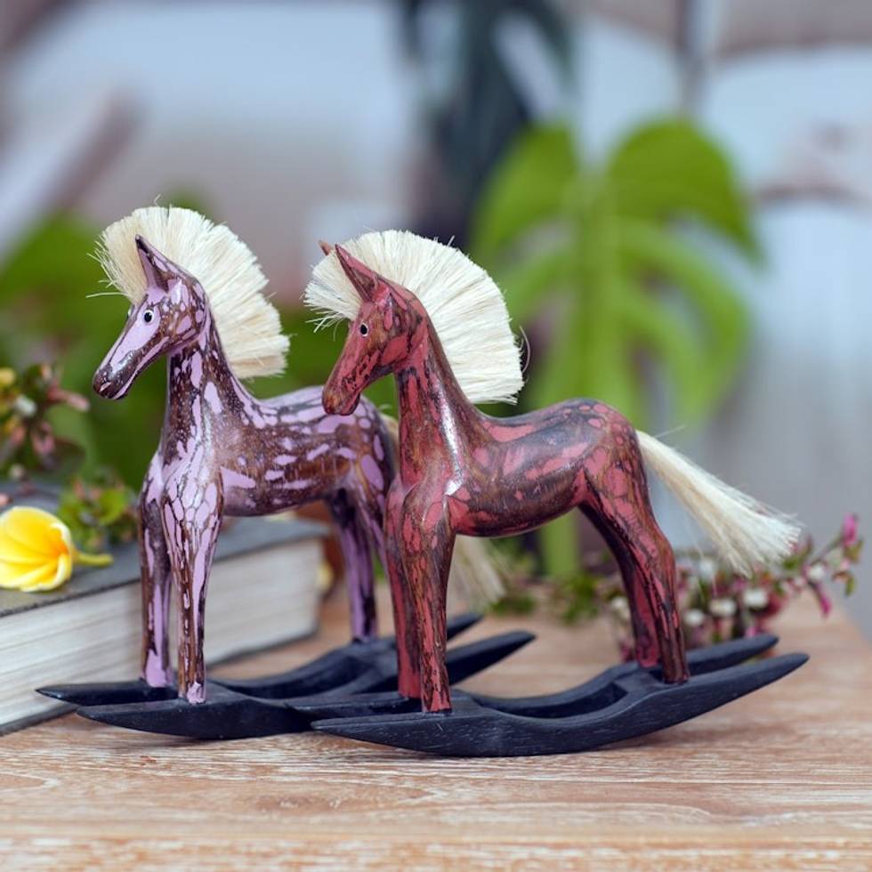 Hand Made Wood Sculptures Rocking Horses Pair Indonesia 'Red and Purple Horses'