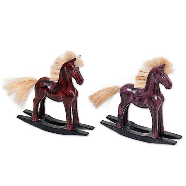 Alternate image for Hand Made Wood Sculptures Rocking Horses Pair Indonesia Red and Purple Horses