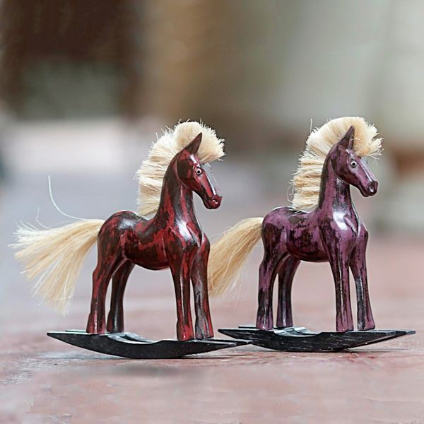 Alternate image for Hand Made Wood Sculptures Rocking Horses Pair Indonesia Red and Purple Horses