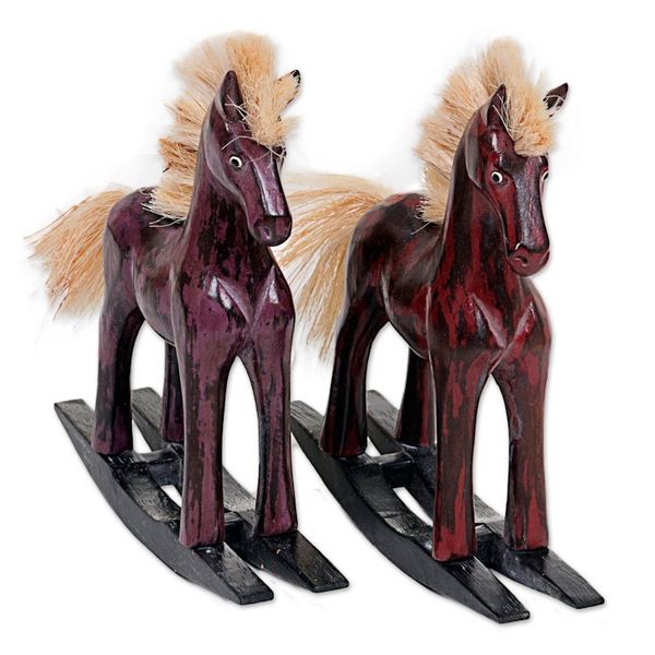 Alternate image for Hand Made Wood Sculptures Rocking Horses Pair Indonesia Red and Purple Horses
