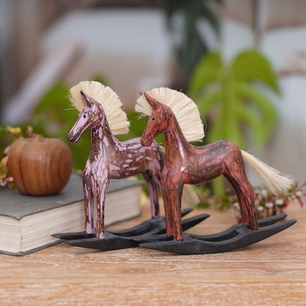 Alternate image for Hand Made Wood Sculptures Rocking Horses Pair Indonesia Red and Purple Horses