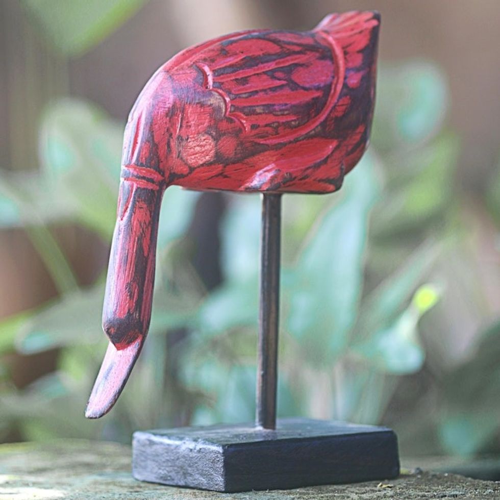 Hand Carved Wood Sculpture of a Red Duck from Indonesia 'Red Duck'
