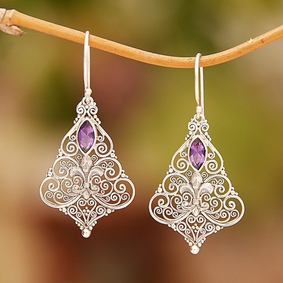 Sterling Silver Amethyst Dangle Earrings from Indonesia 'Purple Fleur-de-Lis'