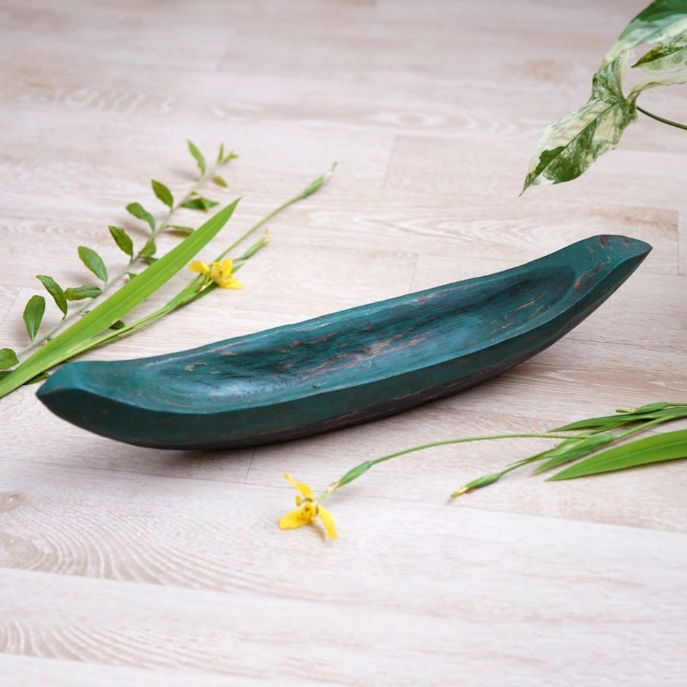 Green Hand Carved Boat Theme Catchall 'Vintage Green Canoe'