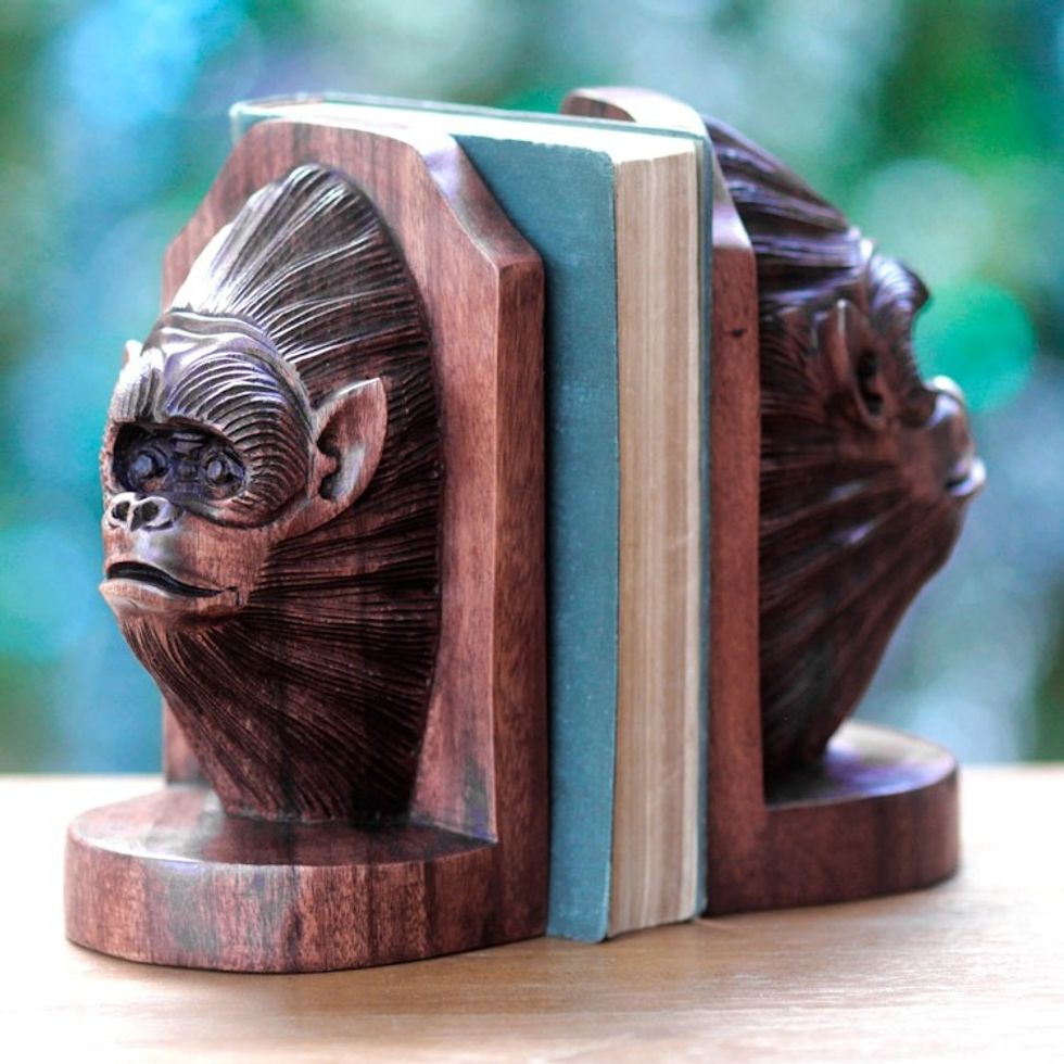 Balinese Artisan Crafted Signed Orangutan Bookends Pair 'Orangutan Couple'