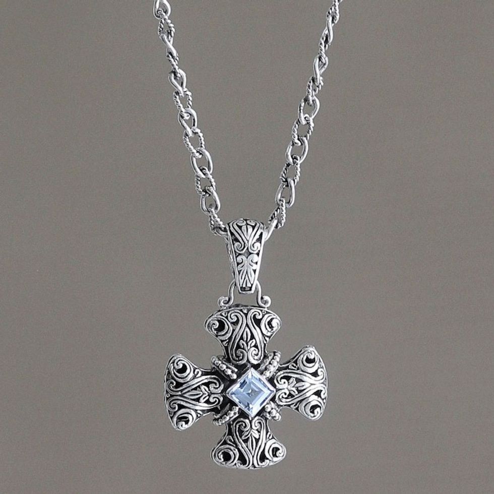 Blue topaz pendant necklace 'Floral Cross'