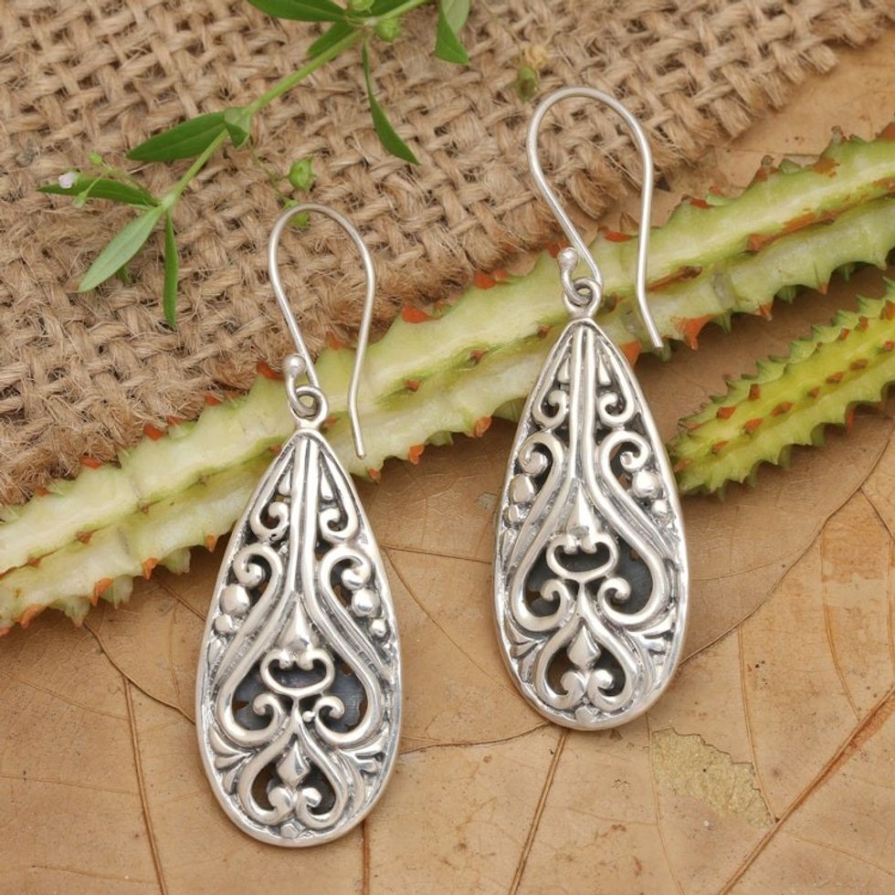 Handcrafted Balinese Sterling Silver Hook Earrings 'Bali Fern Labyrinth'