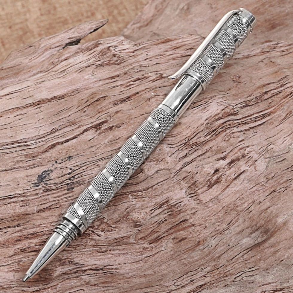 Hand Made Sterling Silver Ballpoint Pen from Indonesia 'Twirling Coral'